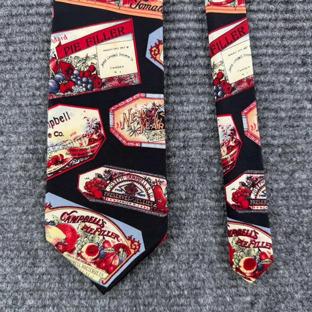 Vintage 1994 Campbells Soup Mens Black Silk Tie Food Label Print USA Made